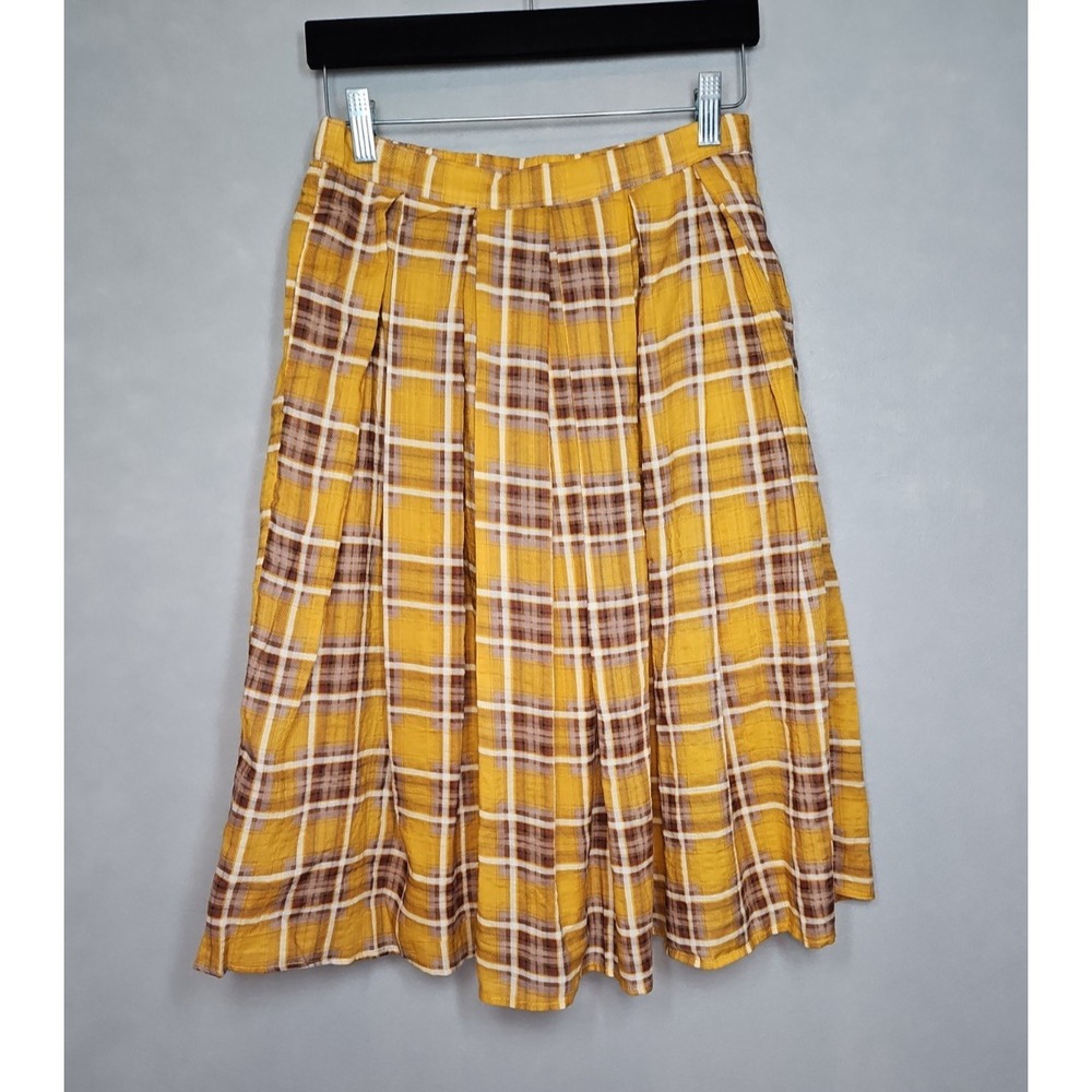 Tulip B Womens Yellow Plaid Box Pleated A Line Midi Skirt w/ Pockets Small NWT
